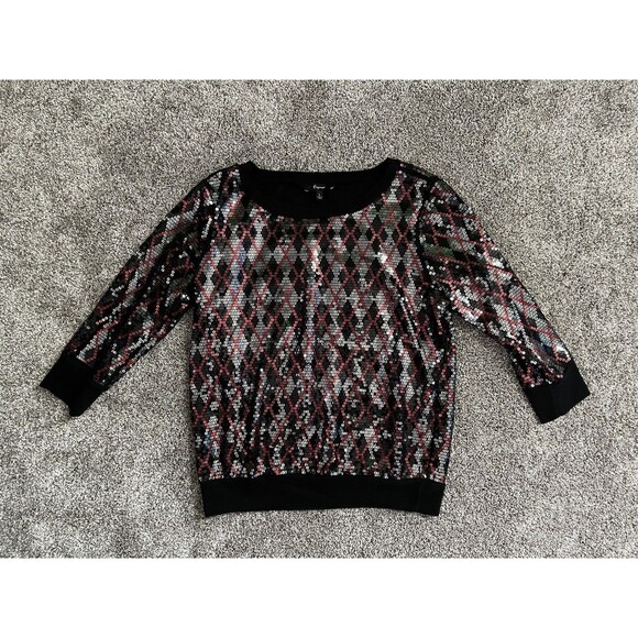 EXPRESS Black Red Silver Sequin Pullover Sweatshirt Top 3/4” Sleeve Size Large - Picture 1 of 10